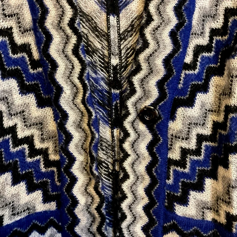 Chico's‎ Sz 0 (4) Zig Zag Cardigan Jacket Blue Gray Black Mohair Wool Open Cozy